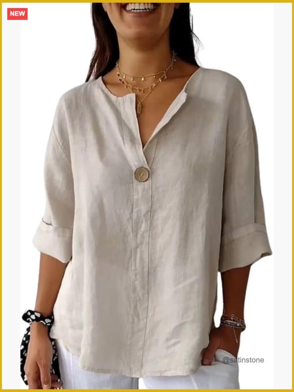 Cotton Linen V-Neck Tunic Top with 3/4 Roll-Up Sleeves